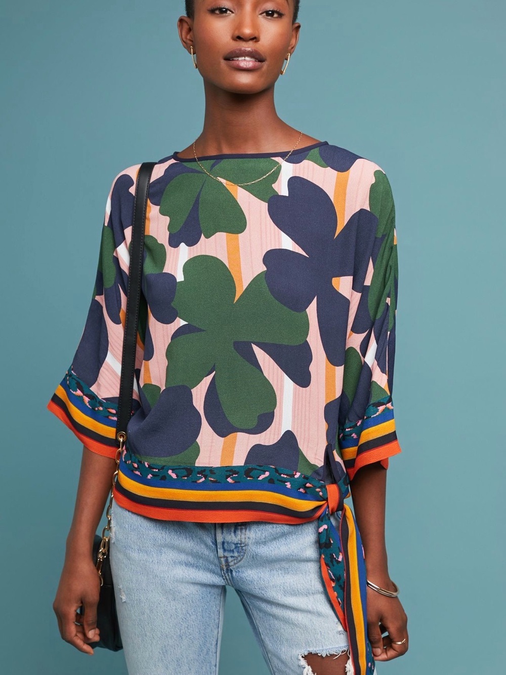 Anthropologie Pink, Navy & Green Floral Tie-Waist Blouse